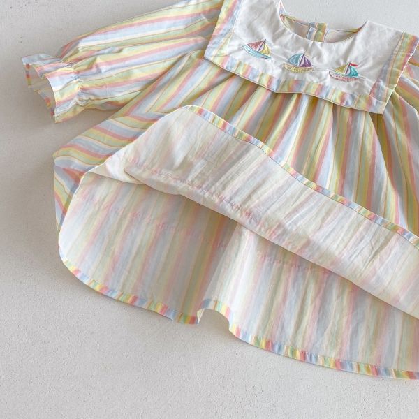 預購秋款女童彩色帆船刺繡海軍風公主裙尺寸80-130 