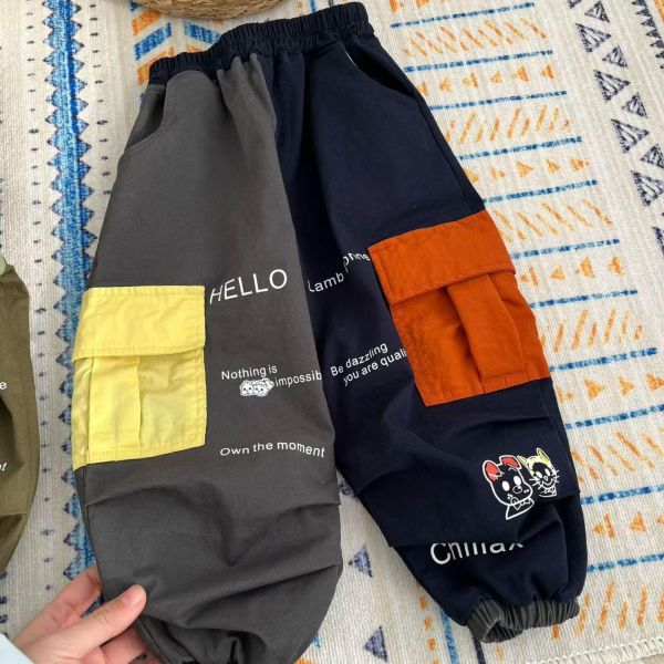 現貨日單男女童原田拼色梭織長褲 