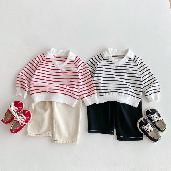 預購秋款男女童Polo立領條紋手足上衣尺寸80-130 
