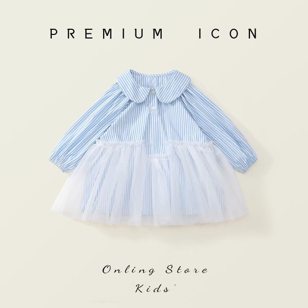 預購秋款女童條紋拼接網紗洋裝尺寸90-140 