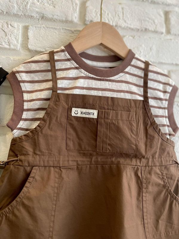 26100-2現貨夏款女童咖色假兩件洋裝上衣尺寸80-120 