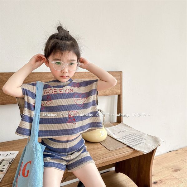 【預購】夏款--男女童字母條紋休閒背心套裝 