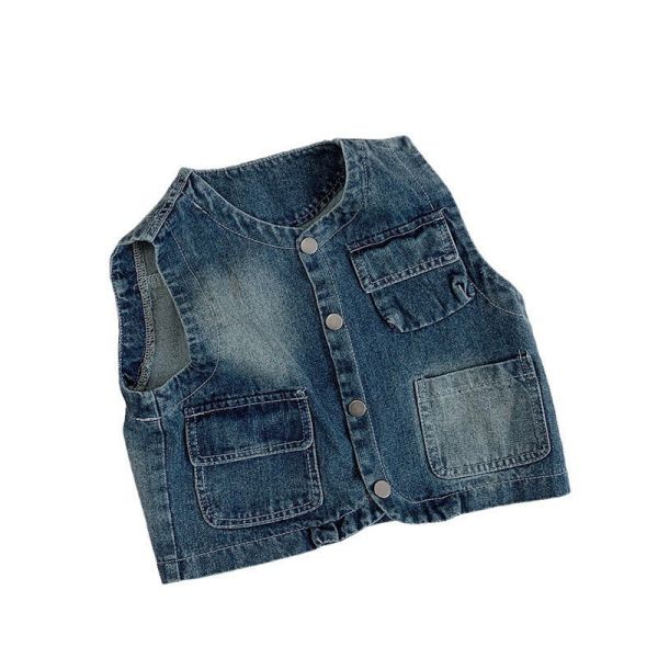 預購秋款日系復古男女童排扣牛仔背心尺寸80-130 