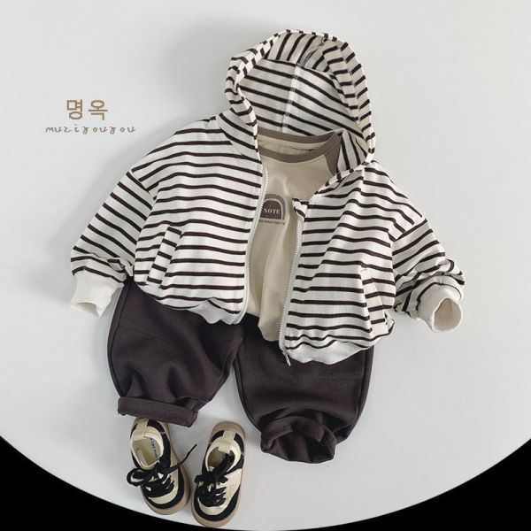預購秋款日系男女童條紋連帽外套尺寸80-130 