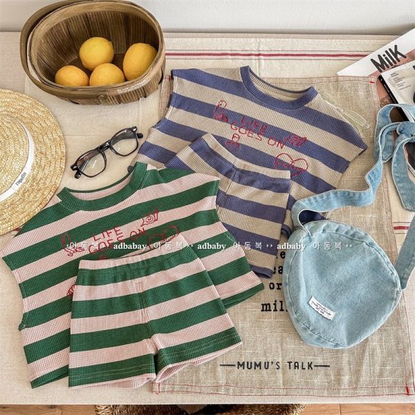 【預購】夏款--男女童字母條紋休閒背心套裝 
