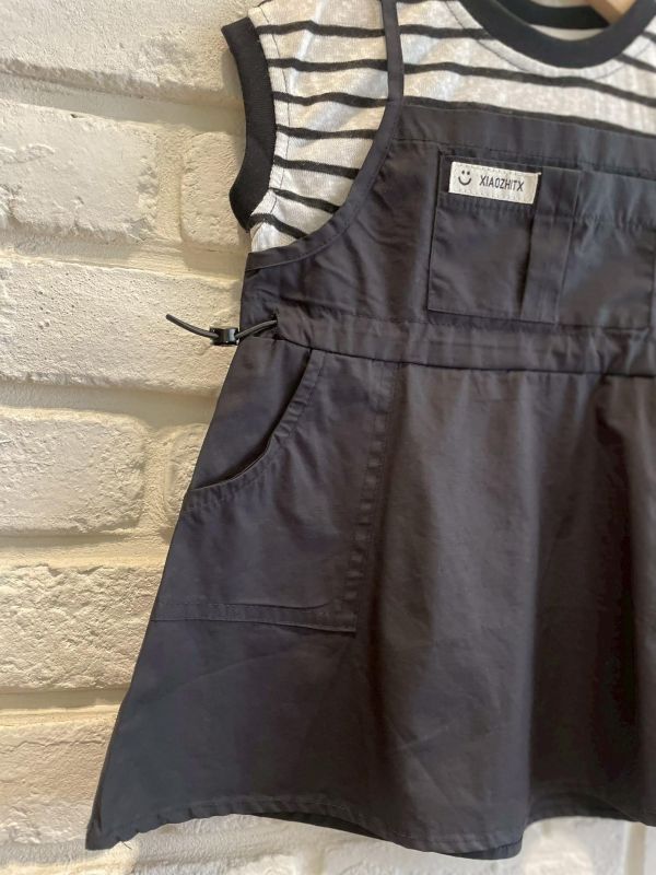 26100-1現貨夏款女童黑色假兩件洋裝上衣尺寸80-120 