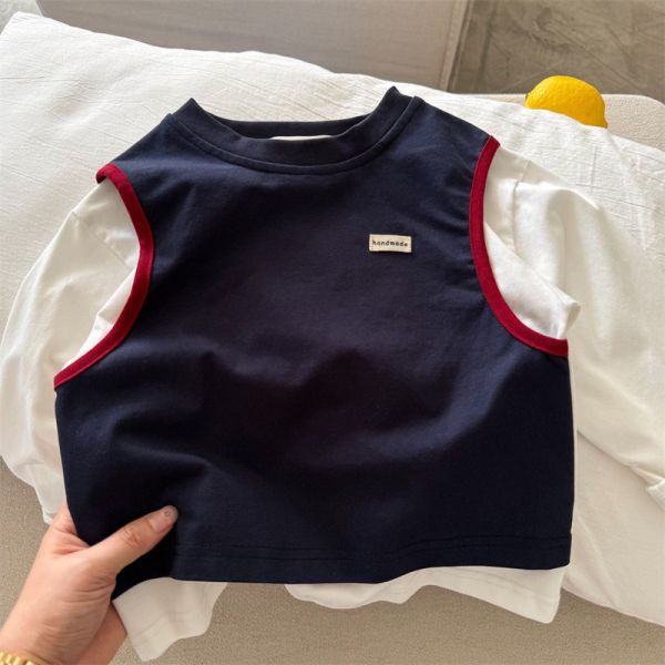 預購秋款男童日系假兩件上衣尺寸90-140 