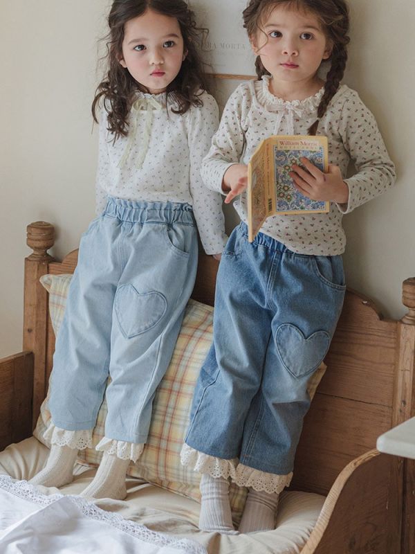 預購秋款女童鬆緊腰蕾絲邊柔軟休閒牛仔褲90-150 