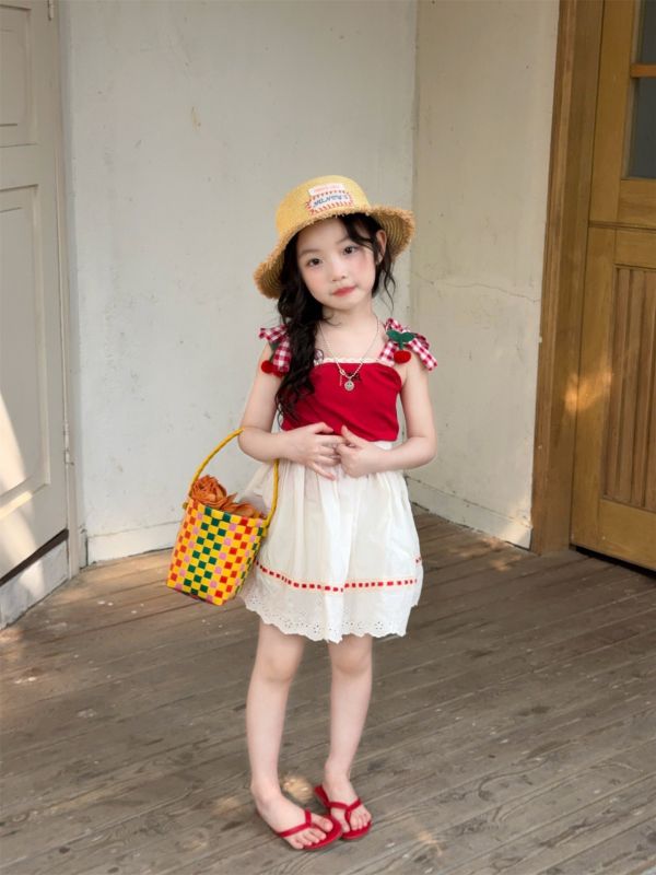 預購夏款女童櫻桃細肩背心花邊裙套裝 