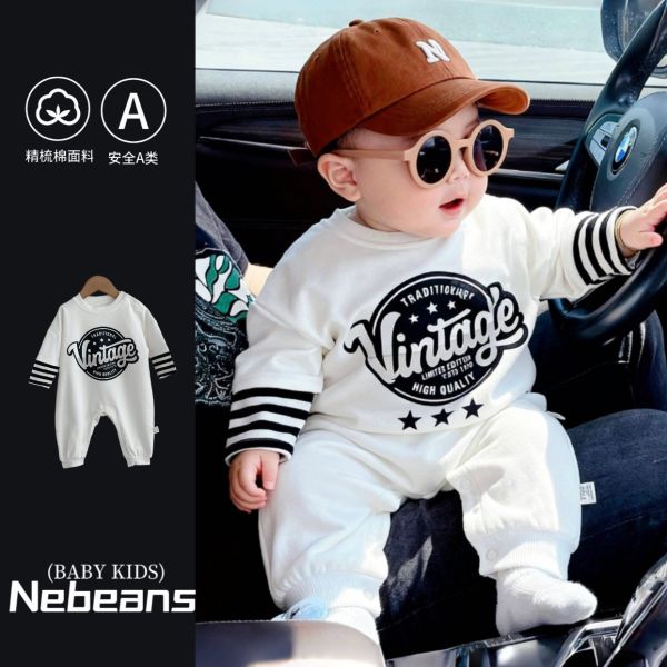 預購秋款男童條紋字母連身衣尺寸66-100 