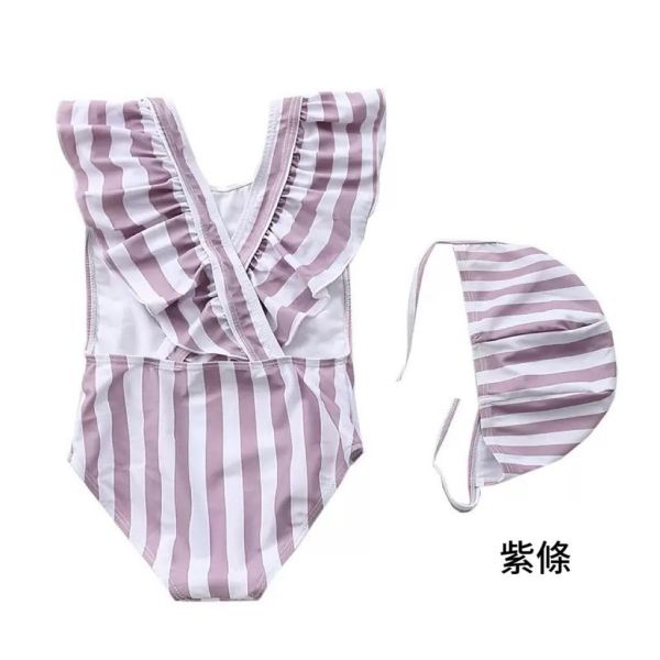 預購寶寶條紋飛邊游泳衣含帽帽 