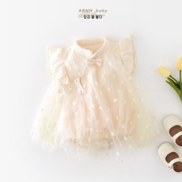【預購】夏款-女童網紗花朵旗袍包屁裙 