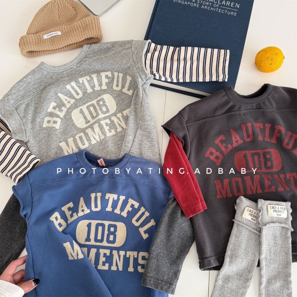 預購秋款男女童美式假兩件上衣尺寸80-130 