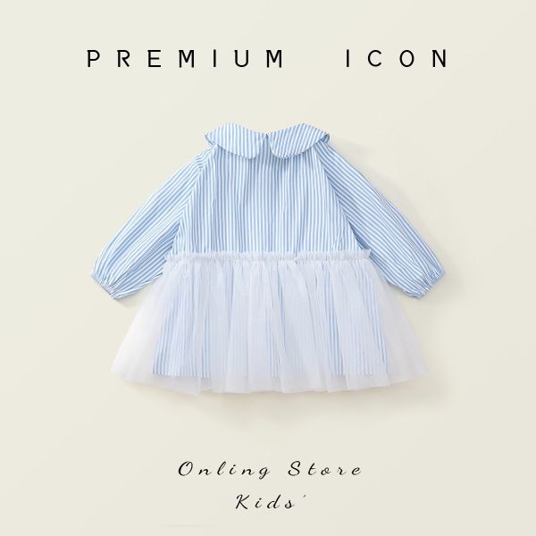 預購秋款女童條紋拼接網紗洋裝尺寸90-140 