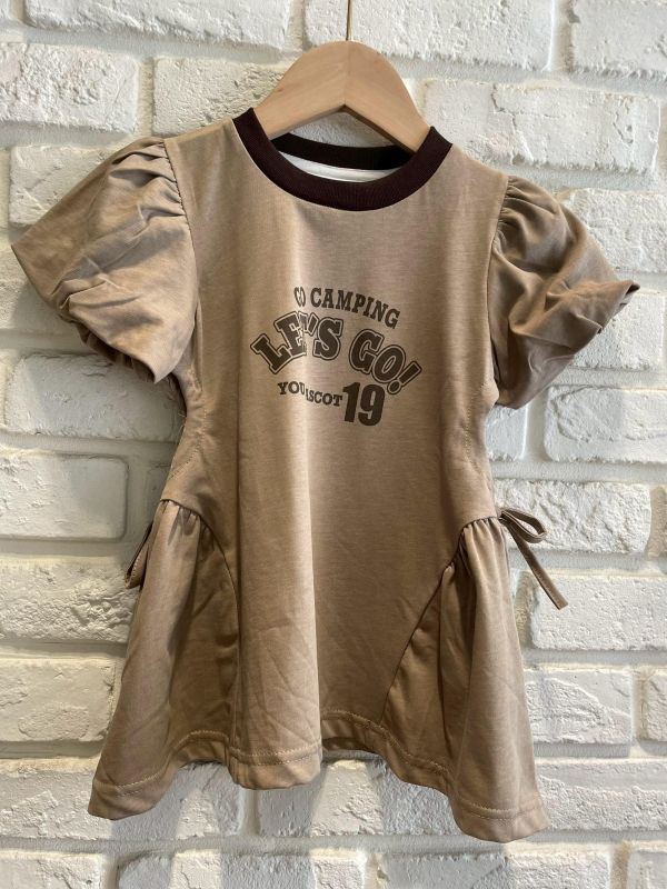 26136-1現貨夏款女童韓系泡泡袖咖色字母側綁洋裝尺寸80-120 