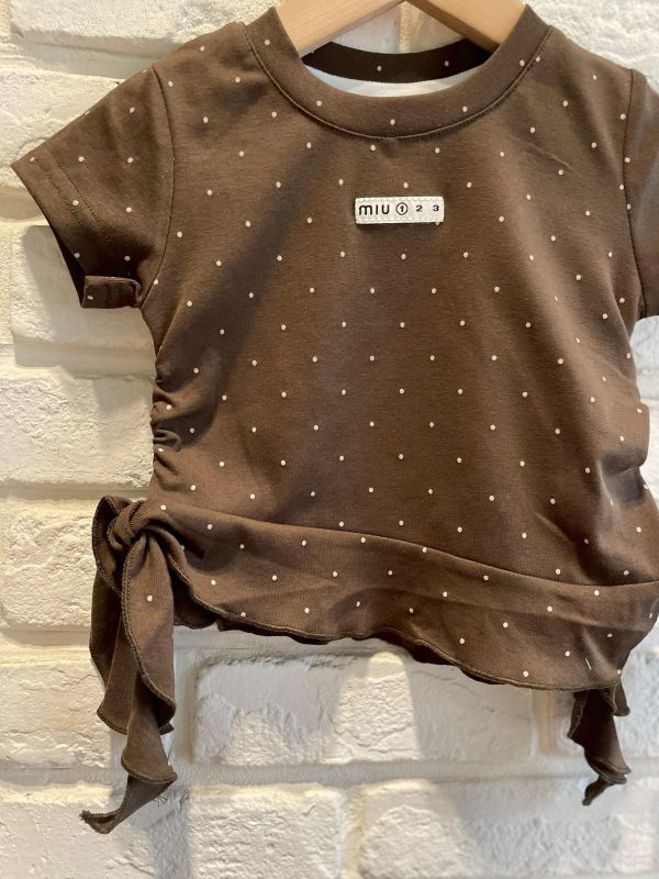 26055-現貨夏款女童簡約點點設計綁帶短版上衣尺寸80-120 