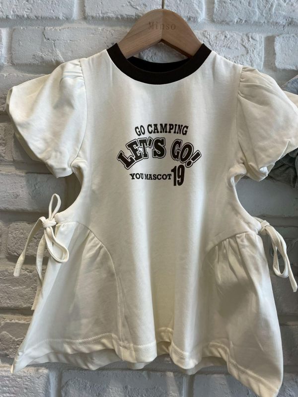 26136-2現貨夏款女童韓系泡泡袖杏色字母側綁洋裝尺寸80-120 