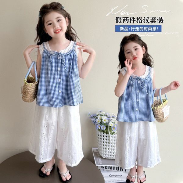 預購女童假兩件格紋兩件套裝 
