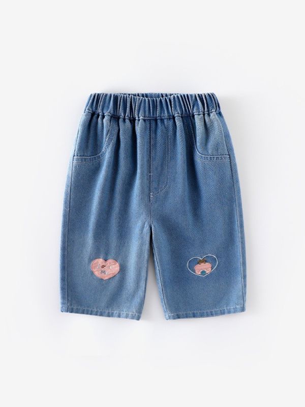 預購秋款女童愛心貼布繡花牛仔褲尺寸73-120 