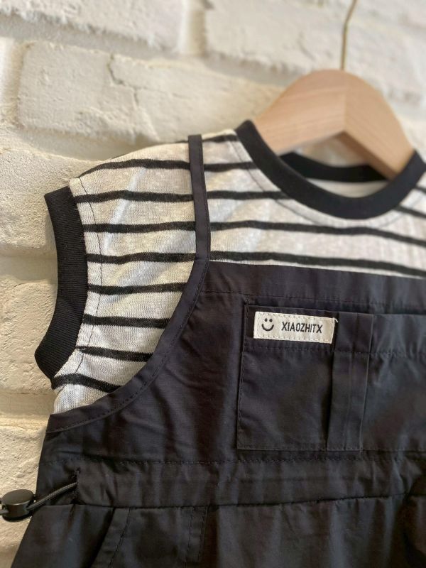 26100-1現貨夏款女童黑色假兩件洋裝上衣尺寸80-120 