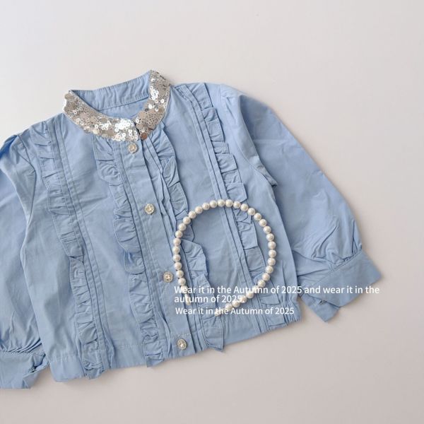 預購秋款女童法式復古風立領長袖襯衫尺寸90-150 