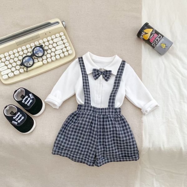 預購秋款男寶英倫風格子背带裤套裝尺寸66-100 