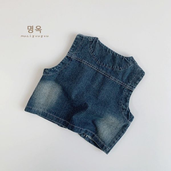 預購秋款日系復古男女童排扣牛仔背心尺寸80-130 