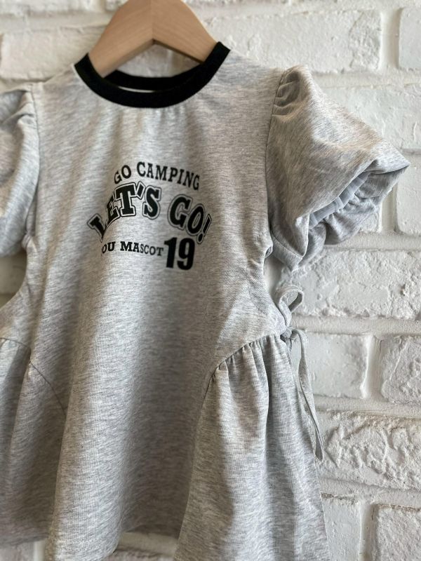 26136-3現貨夏款女童韓系泡泡袖灰色字母側綁洋裝尺寸80-120 