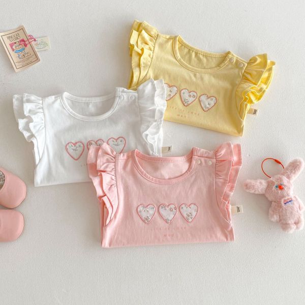 【預購】夏款--夏款女童刺繡愛心飛袖上衣 