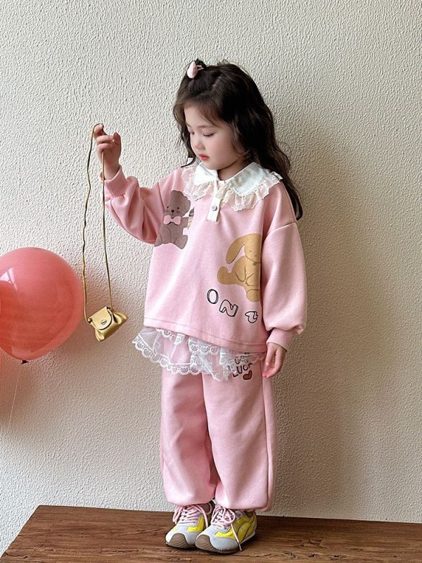 預購秋款女童熊熊蕾絲套裝尺寸80-130 