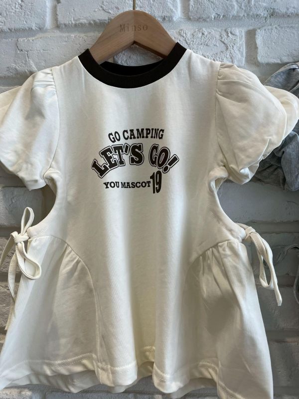 26136-2現貨夏款女童韓系泡泡袖杏色字母側綁洋裝尺寸80-120 