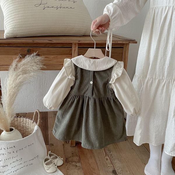 預購秋款女童韓版燈芯絨娃娃領背心裙套裝尺寸80-130 