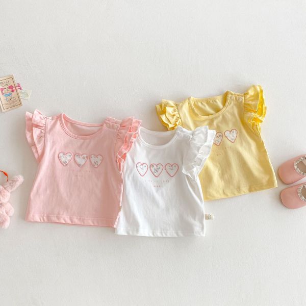 【預購】夏款--夏款女童刺繡愛心飛袖上衣 
