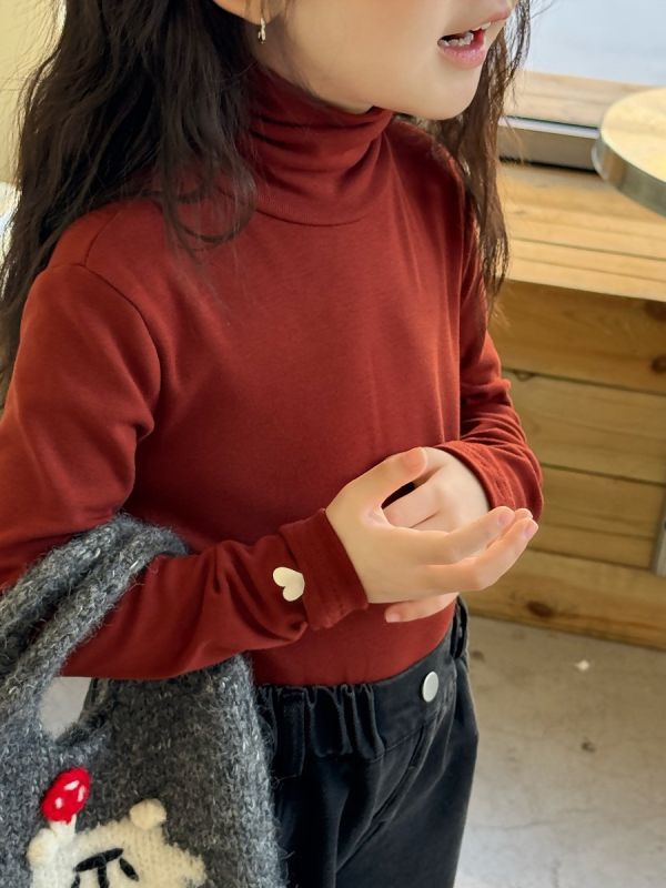 預購秋款女童高領愛心印花純色花邊上衣磨毛尺寸90-150 