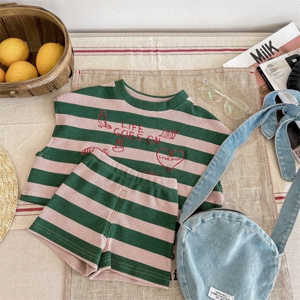 【預購】夏款--男女童字母條紋休閒背心套裝 