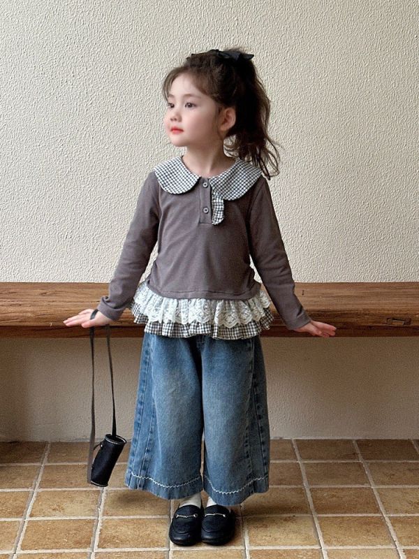預購秋款女童休閒翻領T恤上衣尺寸80-130 