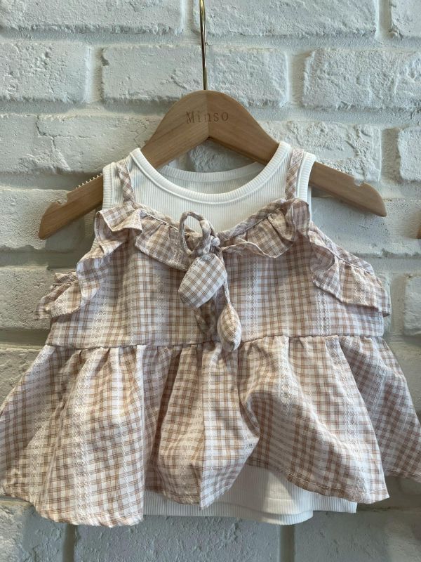 26038-2現貨夏款女童咖色上衣真兩件套裝尺寸80-120 