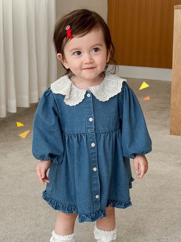 預購秋款女寶翻领刺绣花邊公主裙洋裝尺寸80-130 