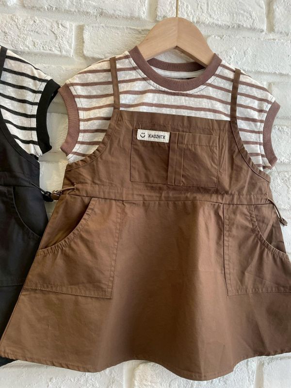 26100-2現貨夏款女童咖色假兩件洋裝上衣尺寸80-120 