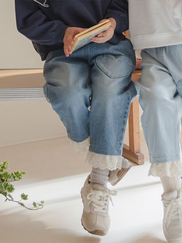 預購秋款女童鬆緊腰蕾絲邊柔軟休閒牛仔褲90-150 