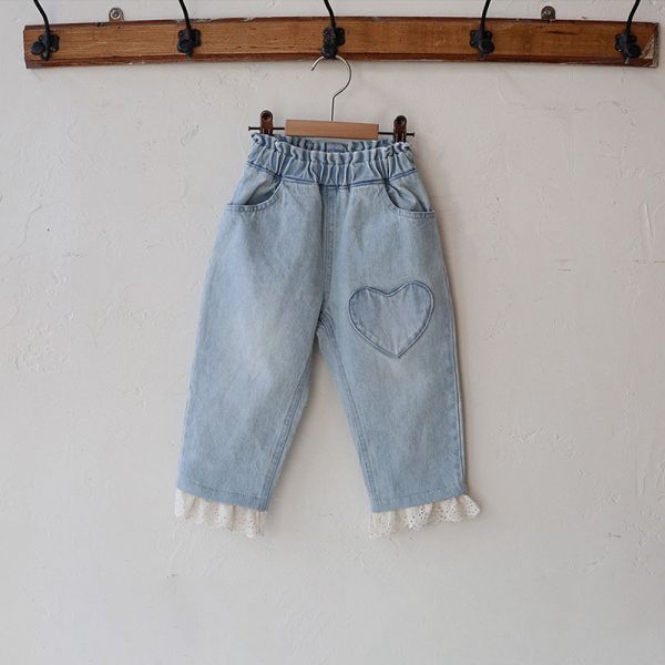 預購秋款女童鬆緊腰蕾絲邊柔軟休閒牛仔褲90-150 