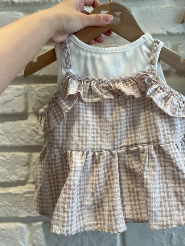 26038-2現貨夏款女童咖色上衣真兩件套裝尺寸80-120 