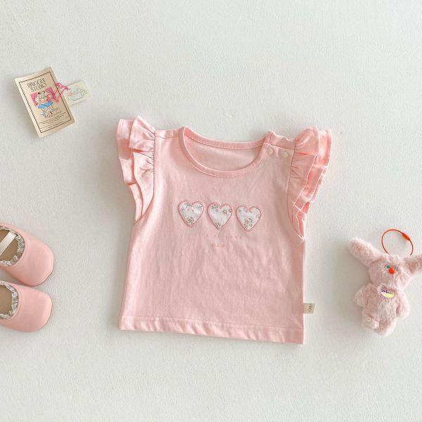 【預購】夏款--夏款女童刺繡愛心飛袖上衣 