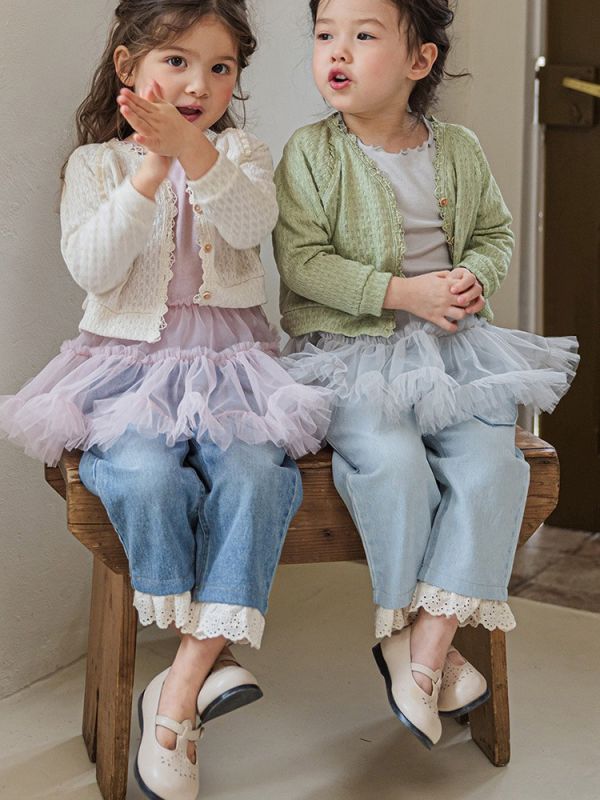 預購秋款女童鬆緊腰蕾絲邊柔軟休閒牛仔褲90-150 