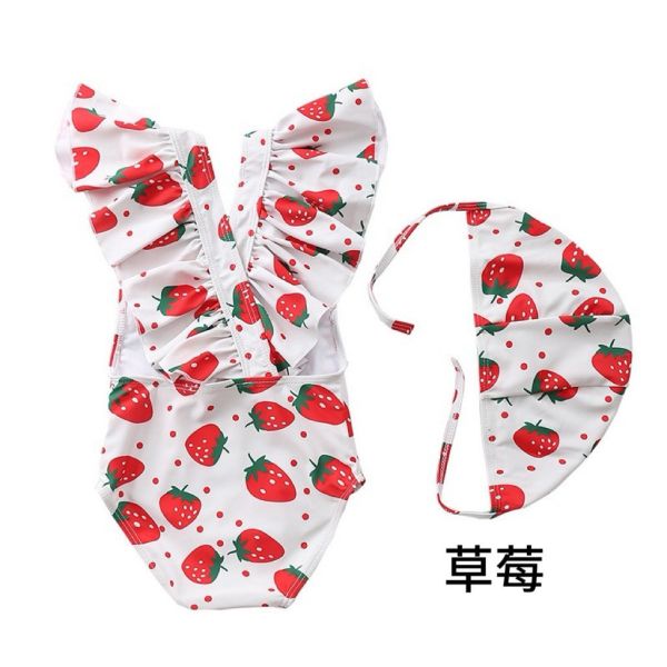 預購寶寶條紋飛邊游泳衣含帽帽 