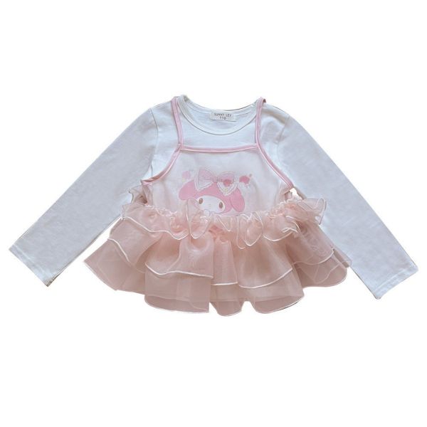 預購秋款女童美樂蒂甜美蝴蝶結網紗上衣真2件式上衣尺寸100-150 