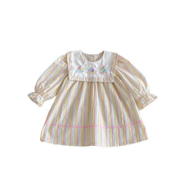 預購秋款女童彩色帆船刺繡海軍風公主裙尺寸80-130 