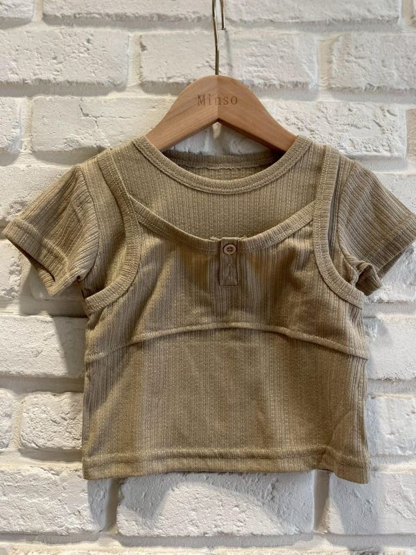 26152-現貨夏款女童假兩件短版上衣尺寸80-120 