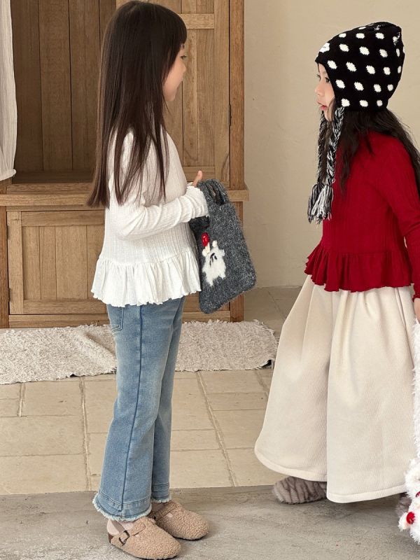 預購秋款女童法式木耳邊針織打底衫上衣尺寸90-150 