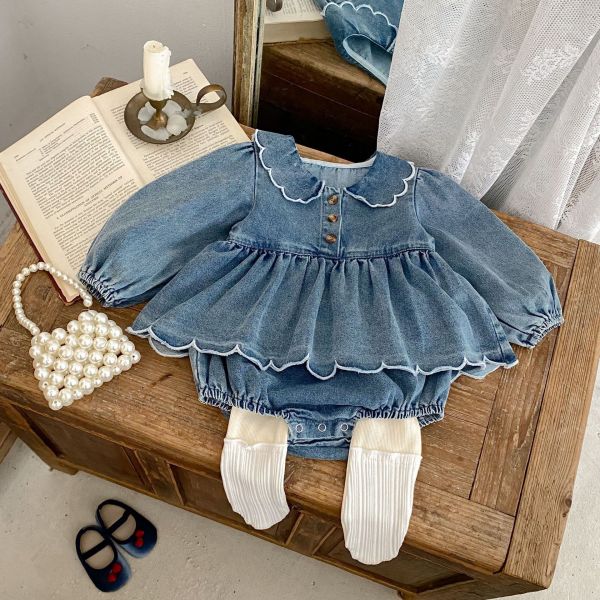 預購秋款女寶花邊牛仔包屁裙尺寸66-90 